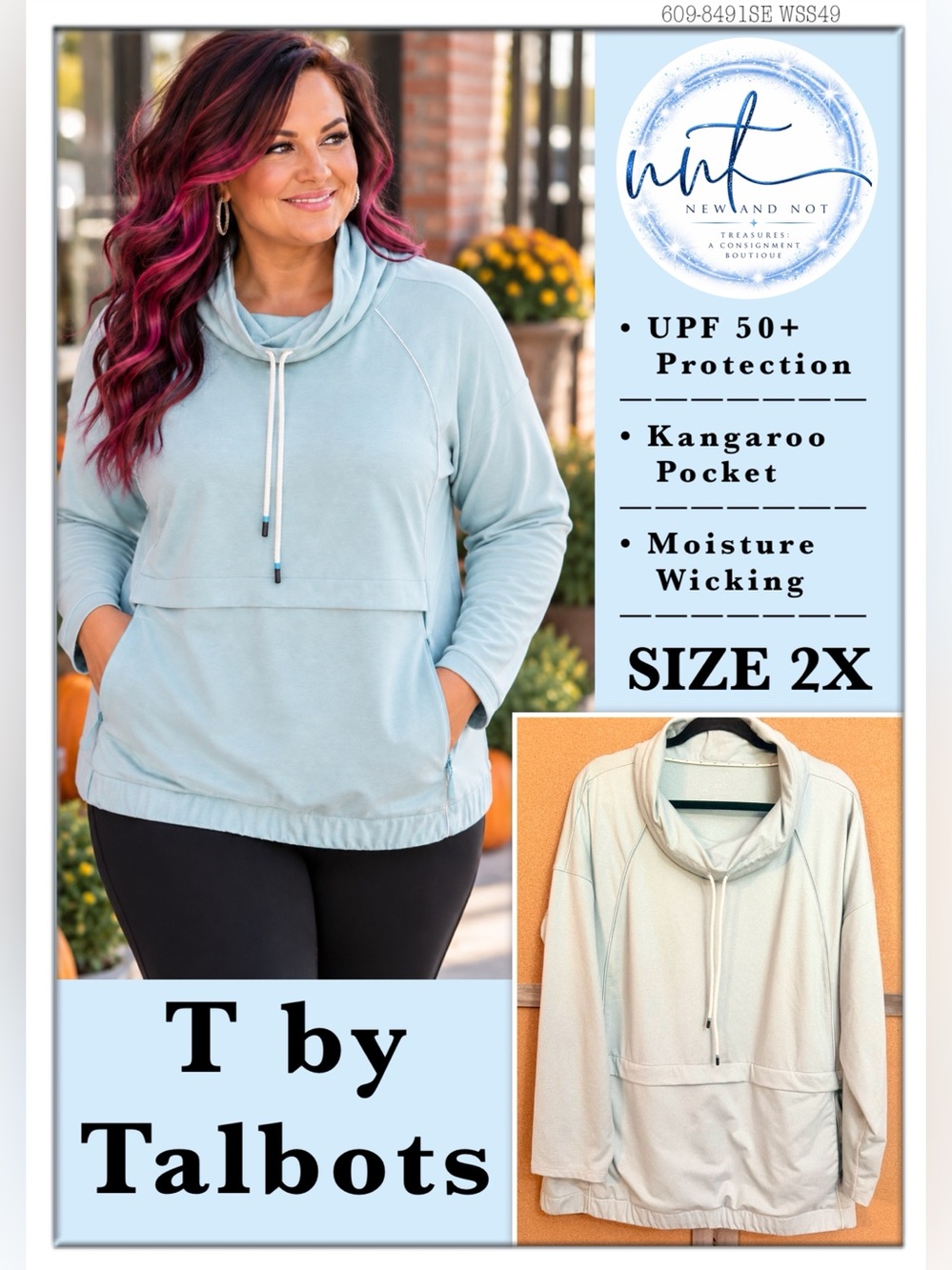 T by Talbots 2X Blue Cowl Neck Pullover UPF 50+ Moisture Wicking Kangaroo Pocket